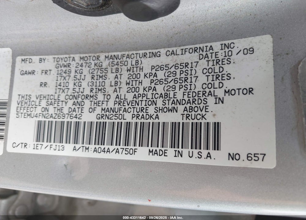 2010 TOYOTA TACOMA VIN: 5TEMU4FN2AZ697642