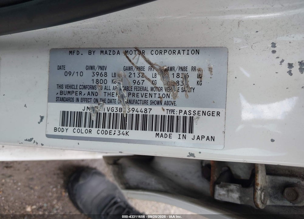 2011 MAZDA 3 VIN: JM1BL1VG3B1394487