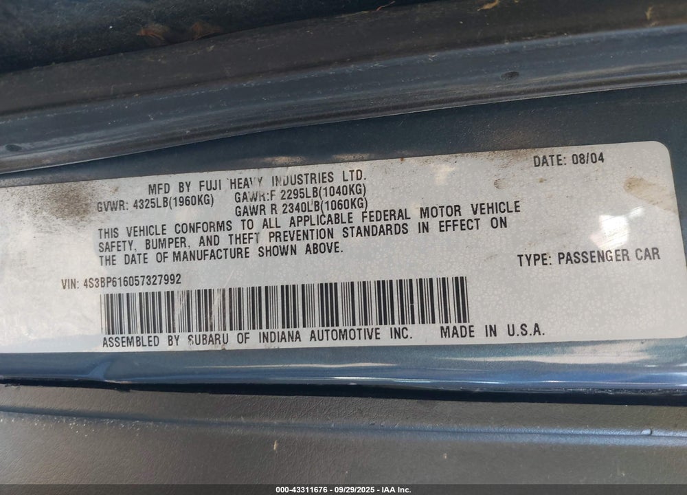 2005 SUBARU LEGACY 2.5I VIN: 4S3BP616057327992