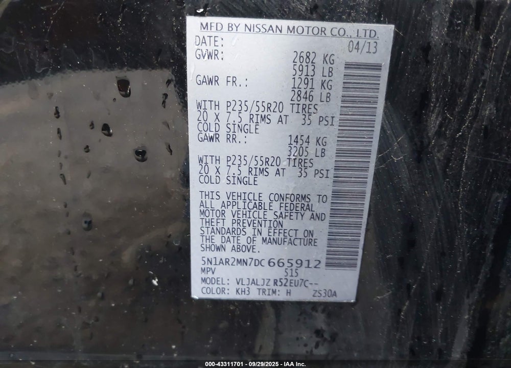 2013 NISSAN PATHFINDER PLATINUM VIN: 5N1AR2MN7DC665912