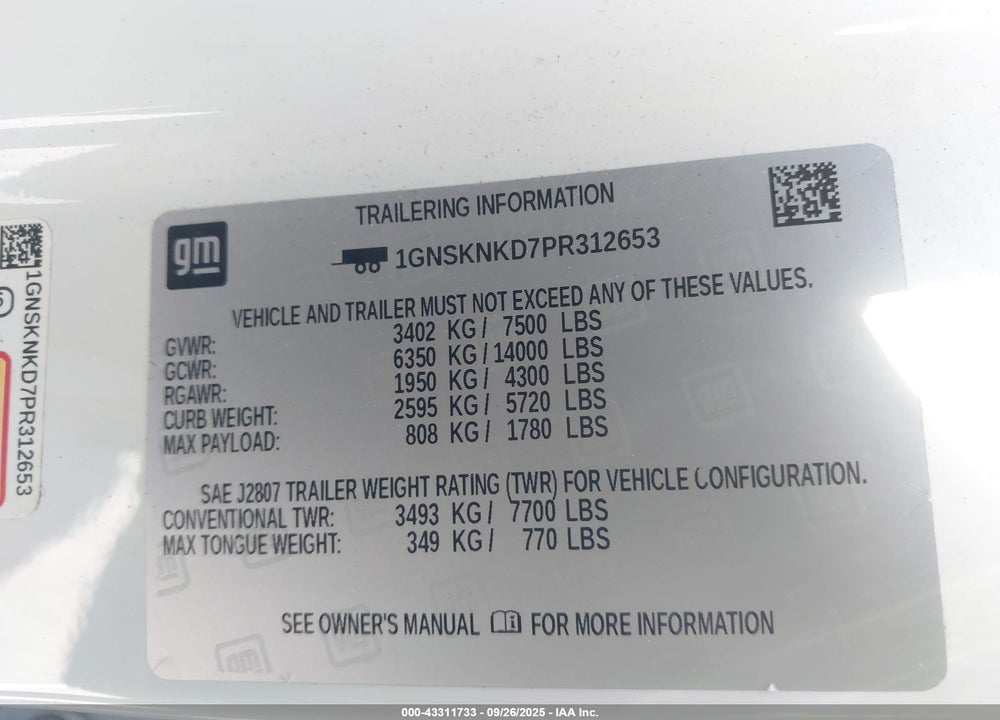 2023 CHEVROLET TAHOE VIN: 1GNSKNKD7PR312653