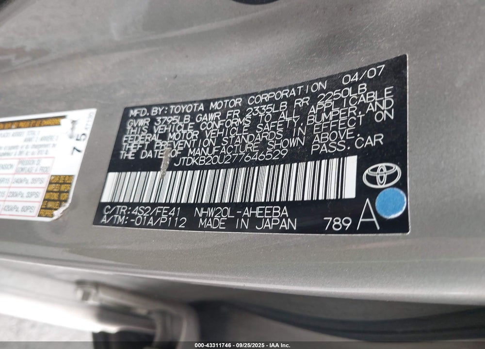2007 TOYOTA PRIUS VIN: JTDKB20U277646529