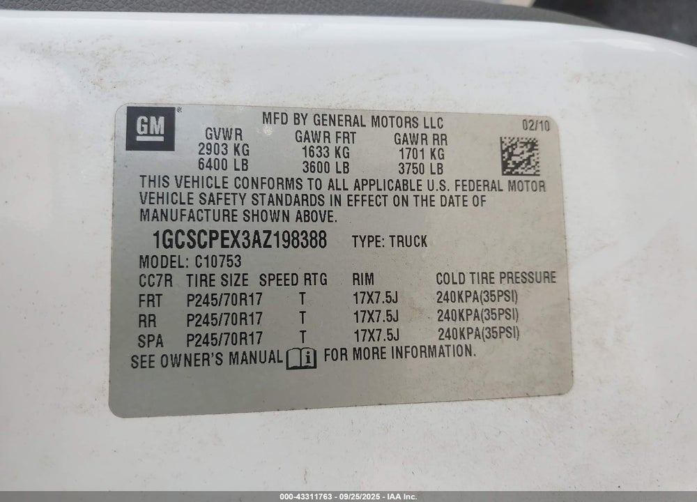 2010 CHEVROLET SILVERADO 1500 VIN: 1GCSCPEX3AZ198388