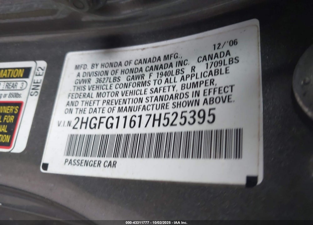 2007 HONDA CIVIC LX VIN: 2HGFG11617H525395