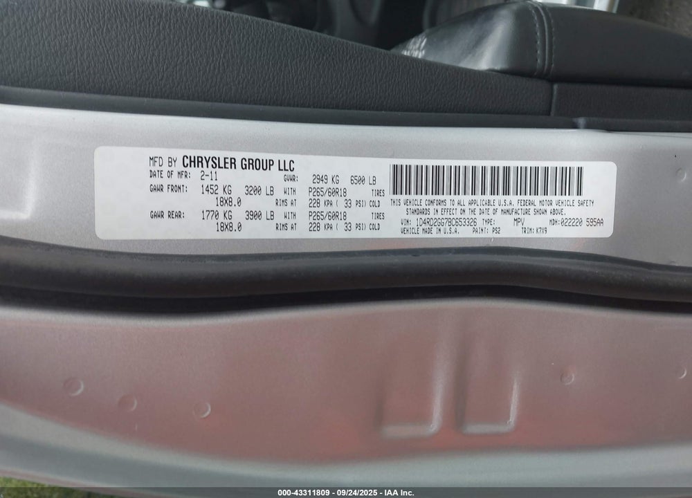 2011 DODGE DURANGO VIN: 1D4RD2GG7BC653326