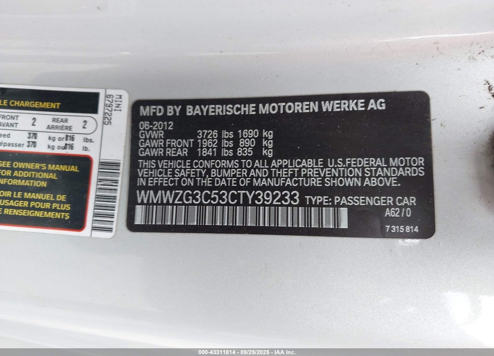 2012 MINI COOPER VIN: WMWZG3C53CTY39233