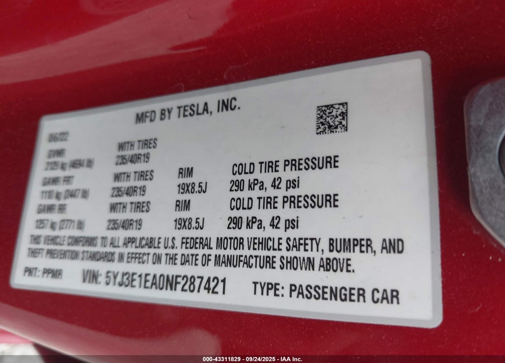 2022 TESLA MODEL 3 VIN: 5YJ3E1EA0NF287421