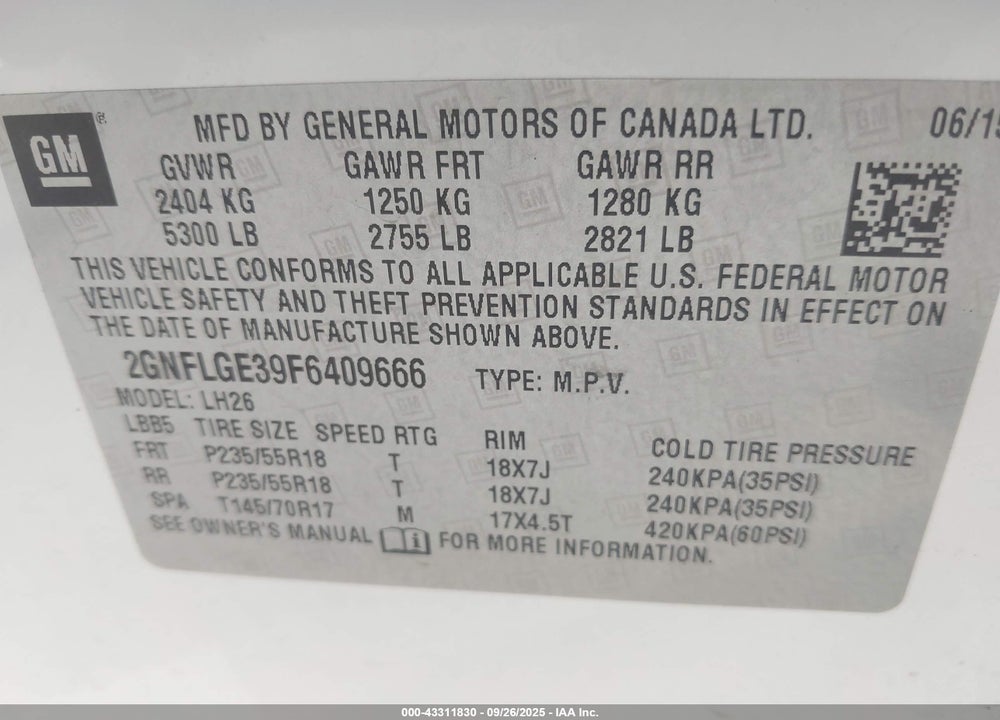 2015 CHEVROLET EQUINOX 2LT VIN: 2GNFLGE39F6409666