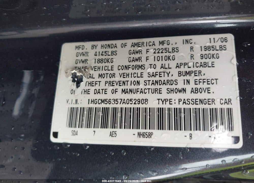 2007 HONDA ACCORD 2.4 SE VIN: 1HGCM56357A052908
