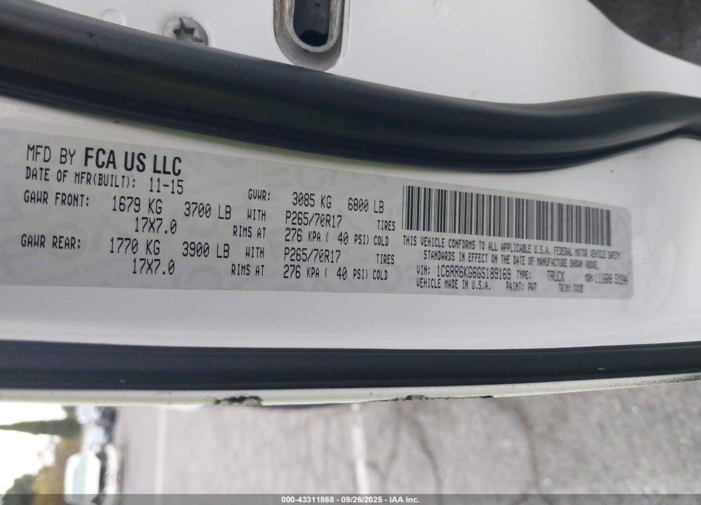 2016 RAM 1500 TRADESMAN VIN: 1C6RR6KG6GS189169