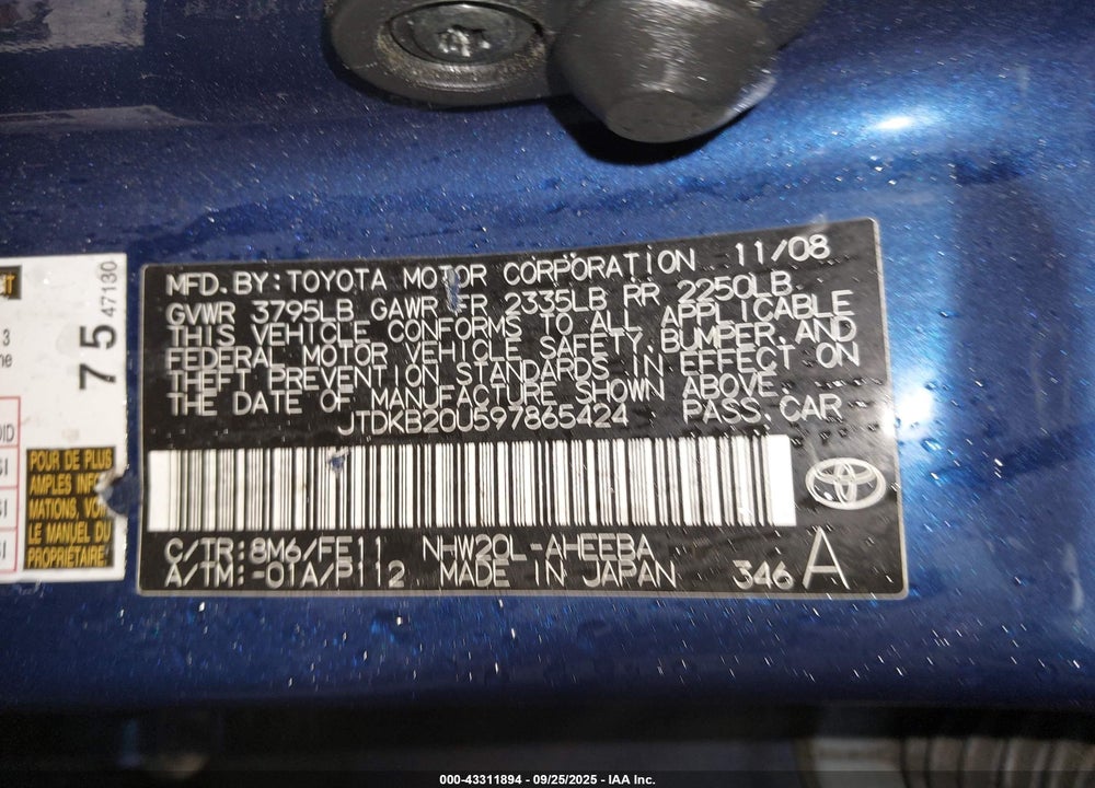 2009 TOYOTA PRIUS VIN: JTDKB20U597865424