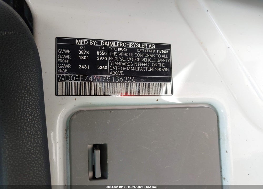 2007 DODGE SPRINTER VAN 2500 VIN: WD0PE746175136326