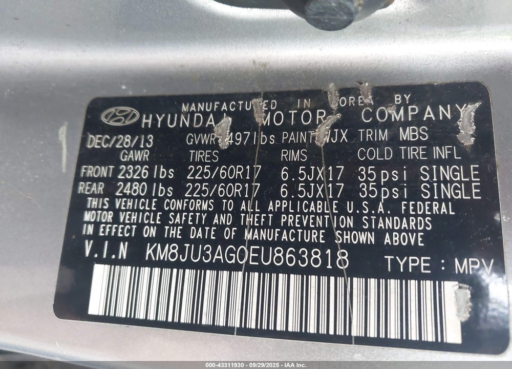 2014 HYUNDAI TUCSON SE VIN: KM8JU3AG0EU863818