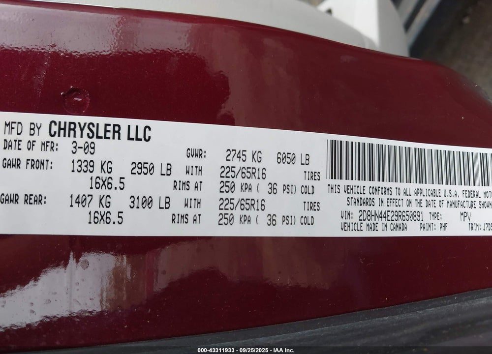 2009 DODGE GRAND CARAVAN SE VIN: 2D8HN44E29R650891