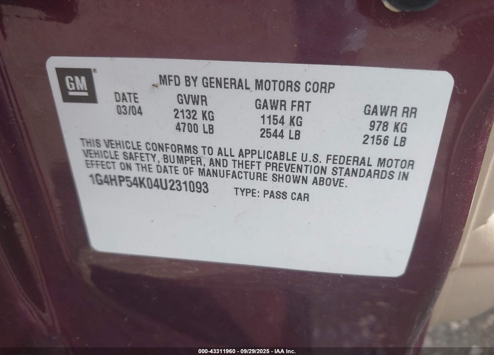 2004 BUICK LESABRE CUSTOM VIN: 1G4HP54K04U231093