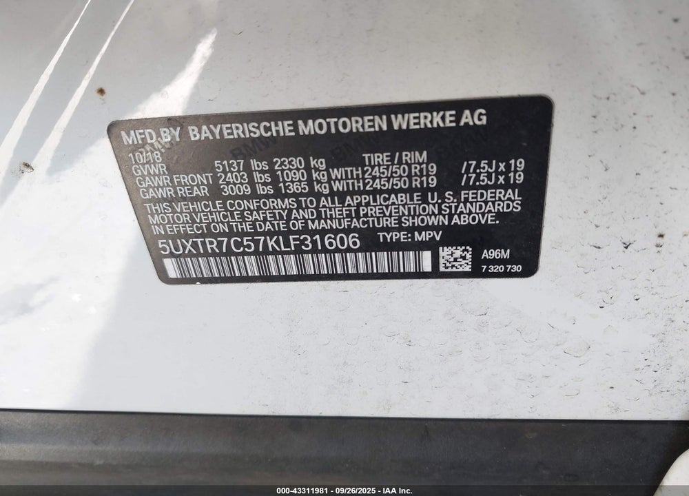 2019 BMW X3 VIN: 5UXTR7C57KLF31606