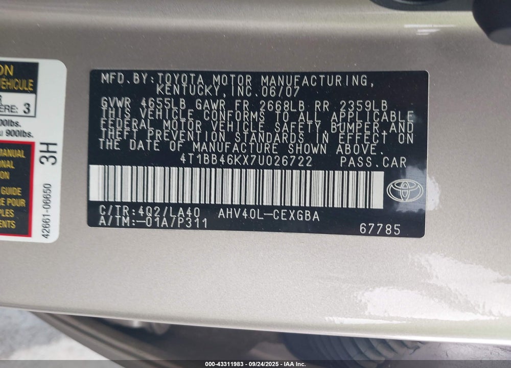 2007 TOYOTA CAMRY HYBRID VIN: 4T1BB46KX7U026722