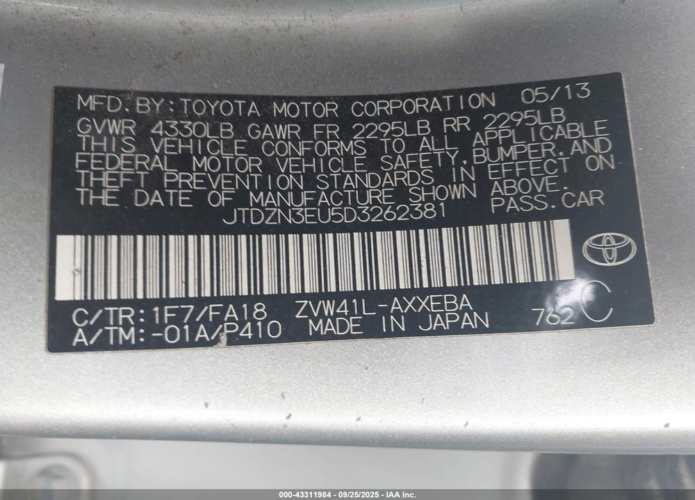 2013 TOYOTA PRIUS V TWO VIN: JTDZN3EU5D3262381
