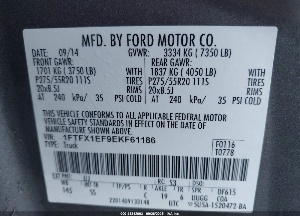 2014 FORD F-150 VIN: 1FTFX1EF9EKF61186