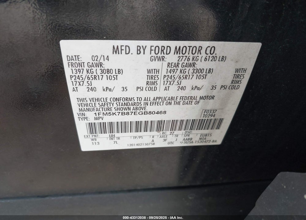 2014 FORD EXPLORER VIN: 1FM5K7B87EGB80468