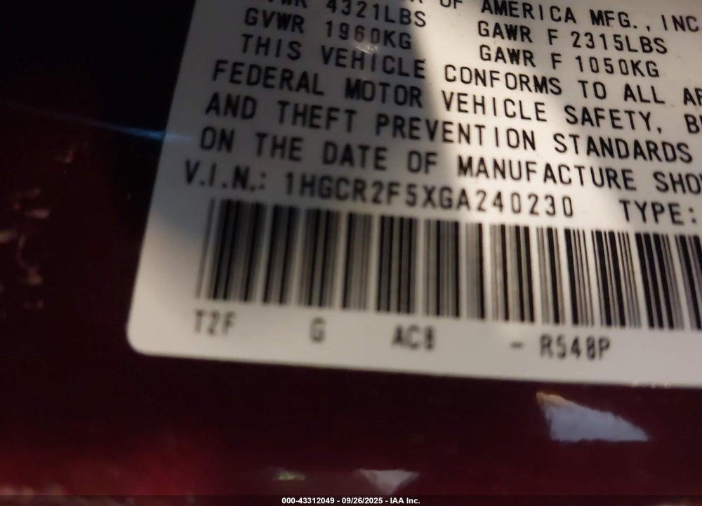 2016 HONDA ACCORD VIN: 1HGCR2F5XGA240230