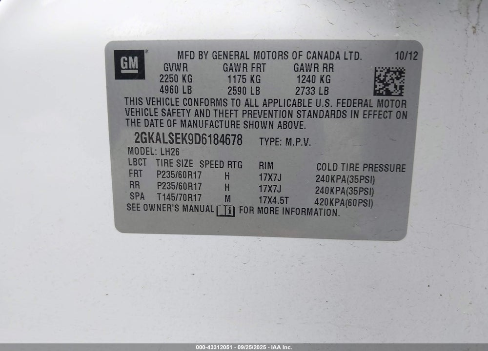 2013 GMC TERRAIN VIN: 2GKALSEK9D6184678
