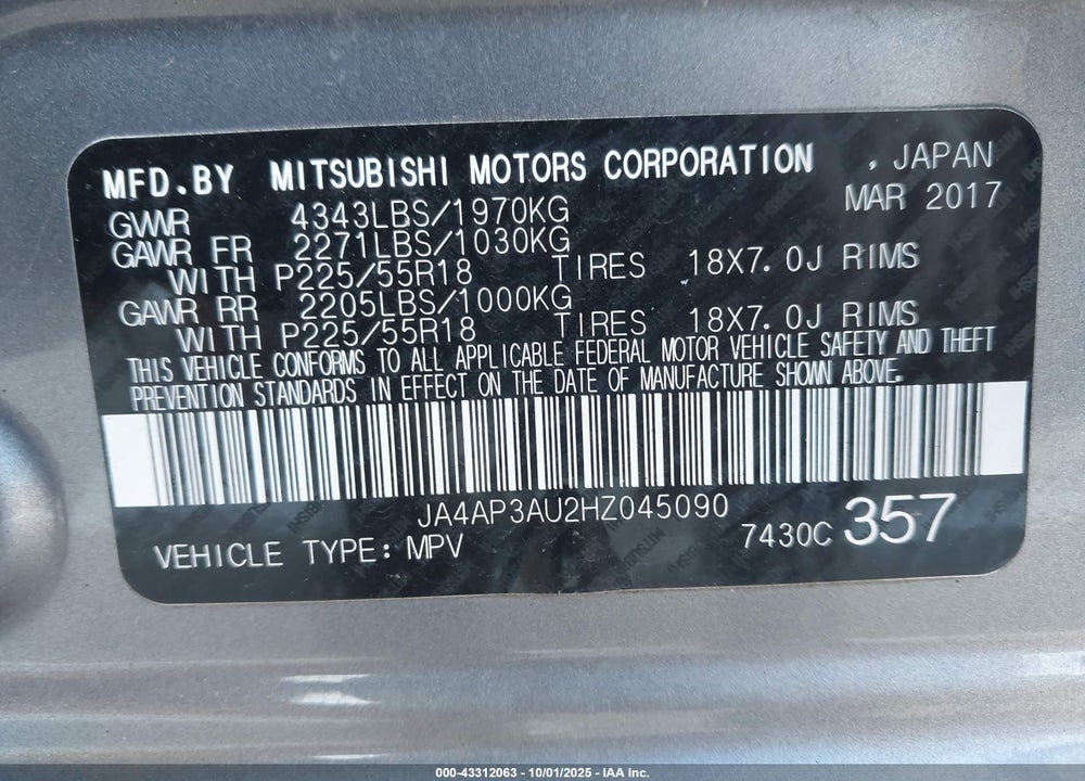 2017 MITSUBISHI OUTLANDER SPORT 2.0 ES/2.0 LE VIN: JA4AP3AU2HZ045090