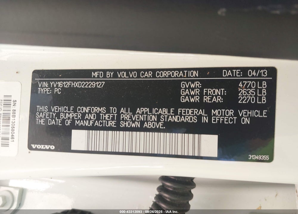 2013 VOLVO S60 T5 VIN: YV1612FHXD2229127