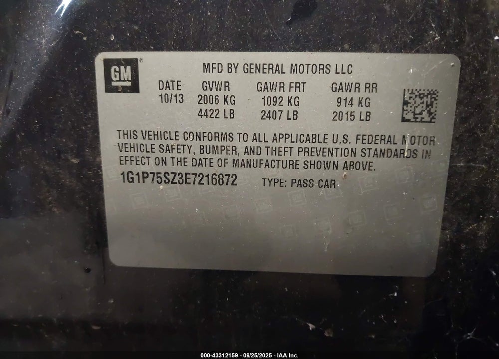 2014 CHEVROLET CRUZE VIN: 1G1P75SZ3E7216872