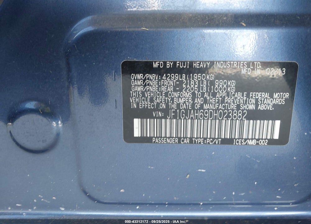 2013 SUBARU IMPREZA VIN: JF1GJAH69DH023882