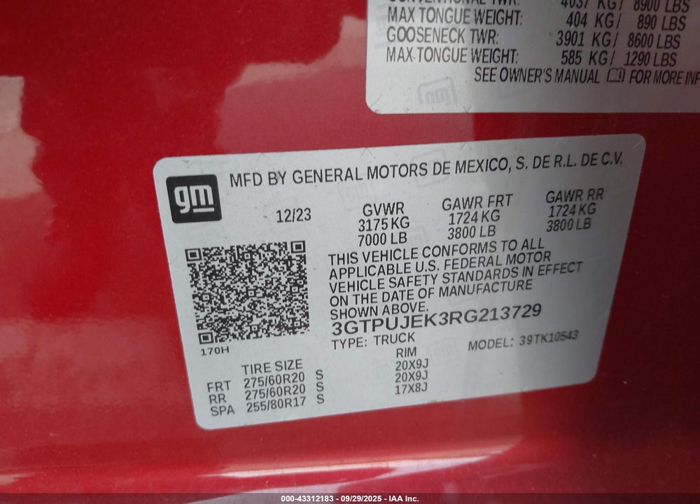 2024 GMC SIERRA 1500 VIN: 3GTPUJEK3RG213729