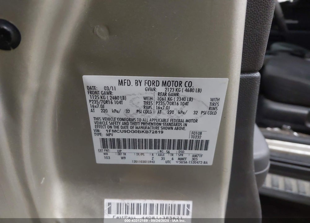 2011 FORD ESCAPE VIN: 1FMCU9DG0BKB72819