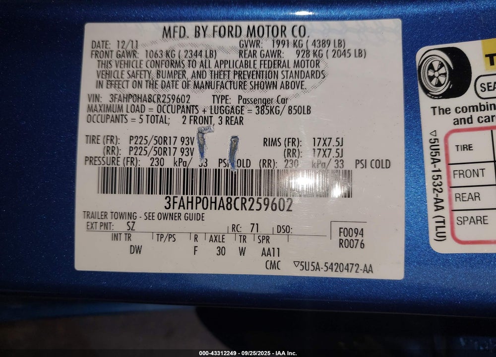 2012 FORD FUSION SE VIN: 3FAHP0HA8CR259602