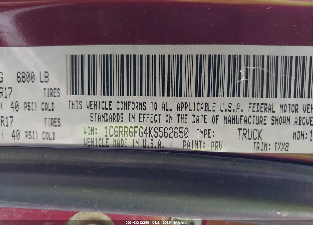 2019 RAM 1500 CLASSIC TRADESMAN 4X2 6'4 BOX VIN: 1C6RR6FG4KS562650