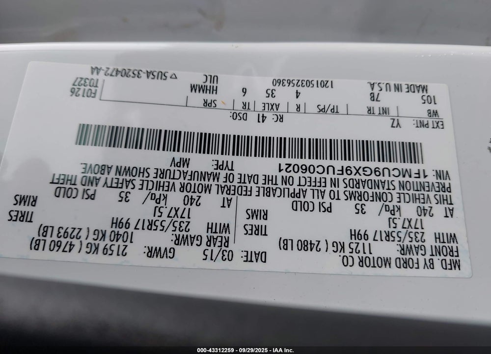 2015 FORD ESCAPE SE VIN: 1FMCU9GX9FUC06021