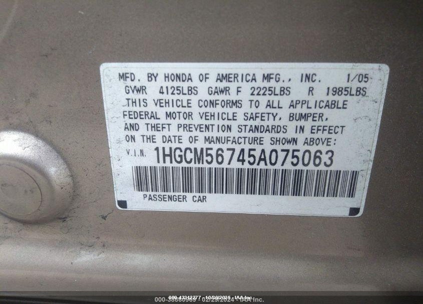 2005 HONDA ACCORD 2.4 EX VIN: 1HGCM56745A075063