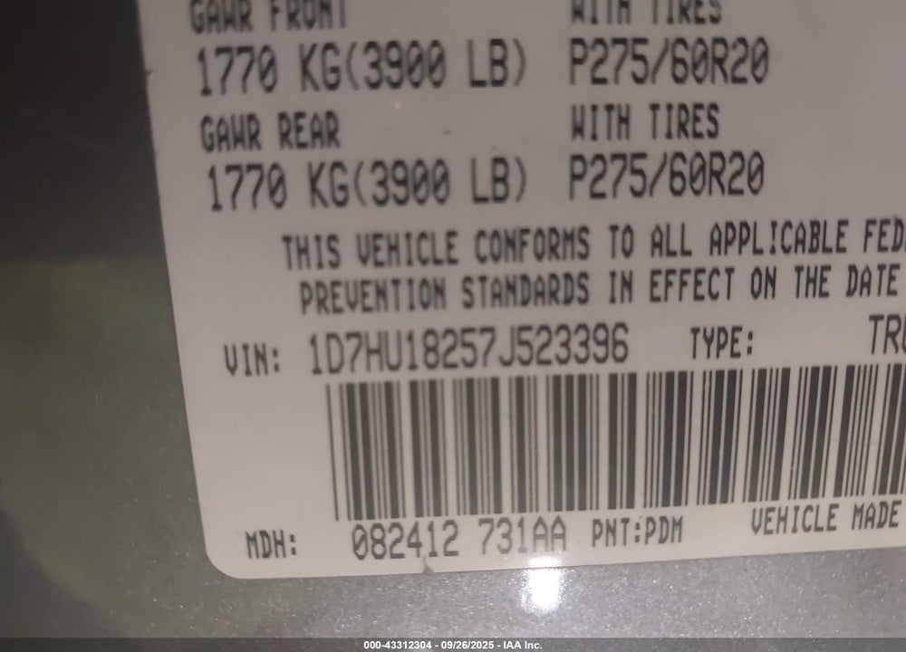 2007 DODGE RAM 1500 VIN: 1D7HU18257J523396