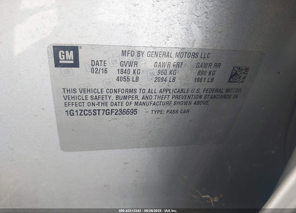 2016 CHEVROLET MALIBU VIN: 1G1ZC5ST7GF236695