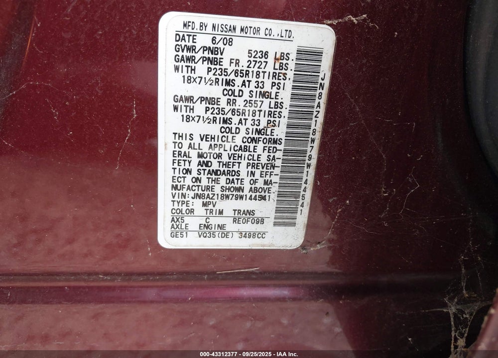 2009 NISSAN MURANO SL VIN: JN8AZ18W79W144541