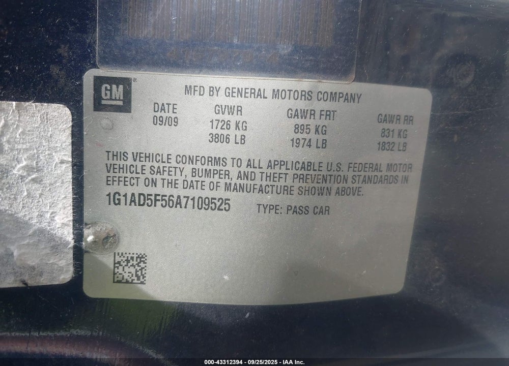 2010 CHEVROLET COBALT VIN: 1G1AD5F56A7109525