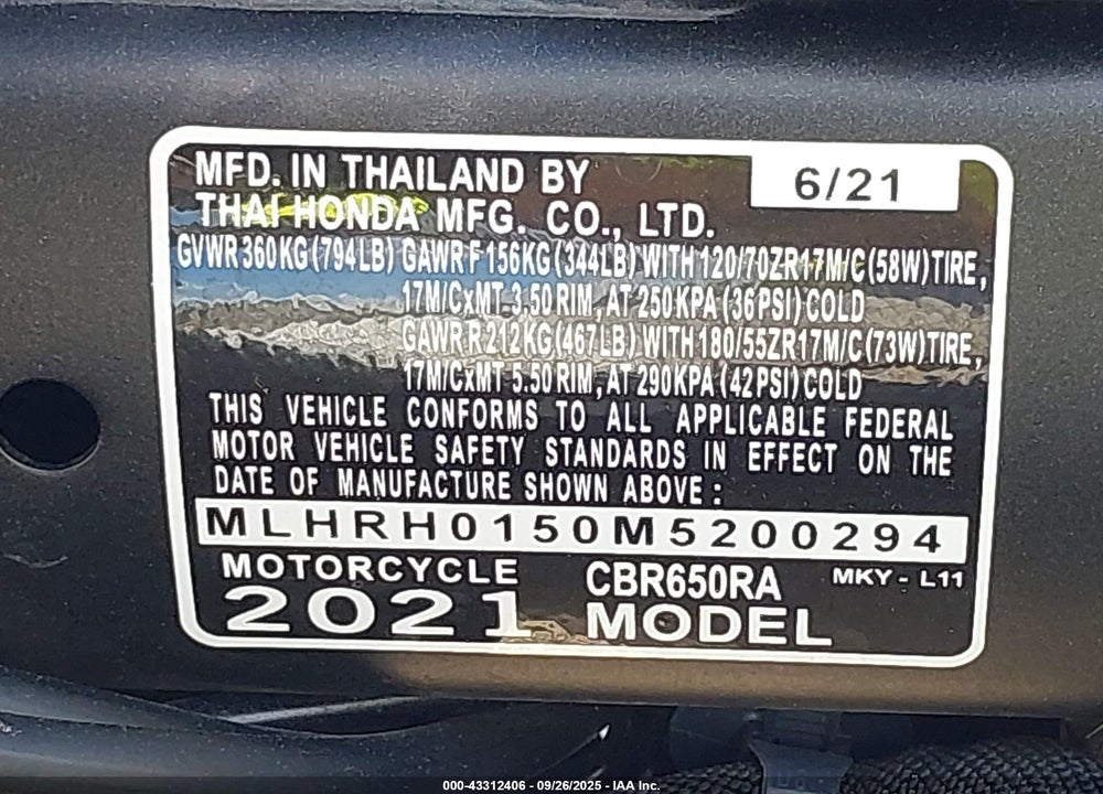 2021 HONDA CBR650 RA VIN: MLHRH0150M5200294