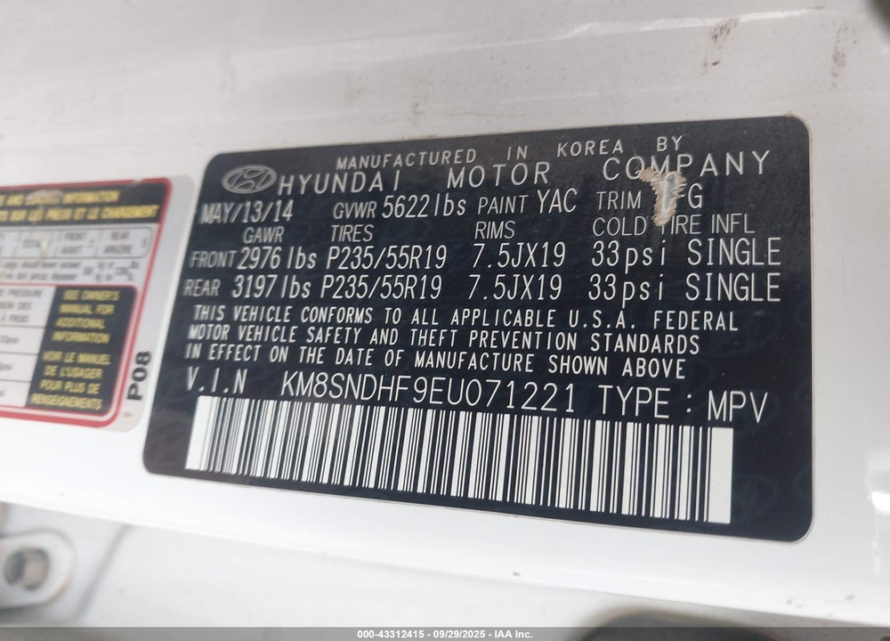 2014 HYUNDAI SANTA FE VIN: KM8SNDHF9EU071221