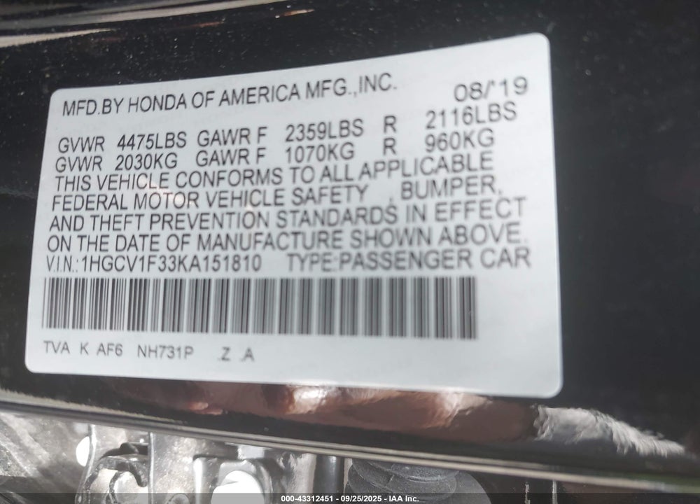 2019 HONDA ACCORD VIN: 1HGCV1F33KA151810