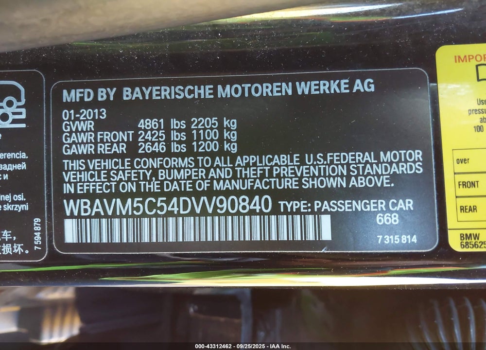2013 BMW X1 XDRIVE35I VIN: WBAVM5C54DVV90840