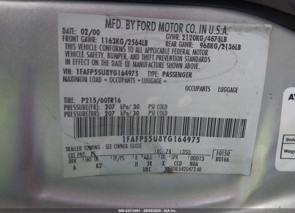 2000 FORD TAURUS VIN: 1FAFP55U8YG164975