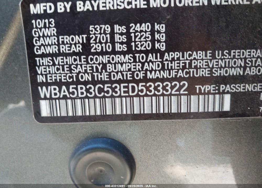 2014 BMW 5 SERIES VIN: WBA5B3C53ED533322