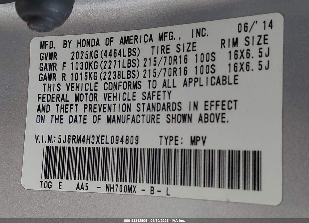 2014 HONDA CR-V VIN: 5J6RM4H3XEL094809
