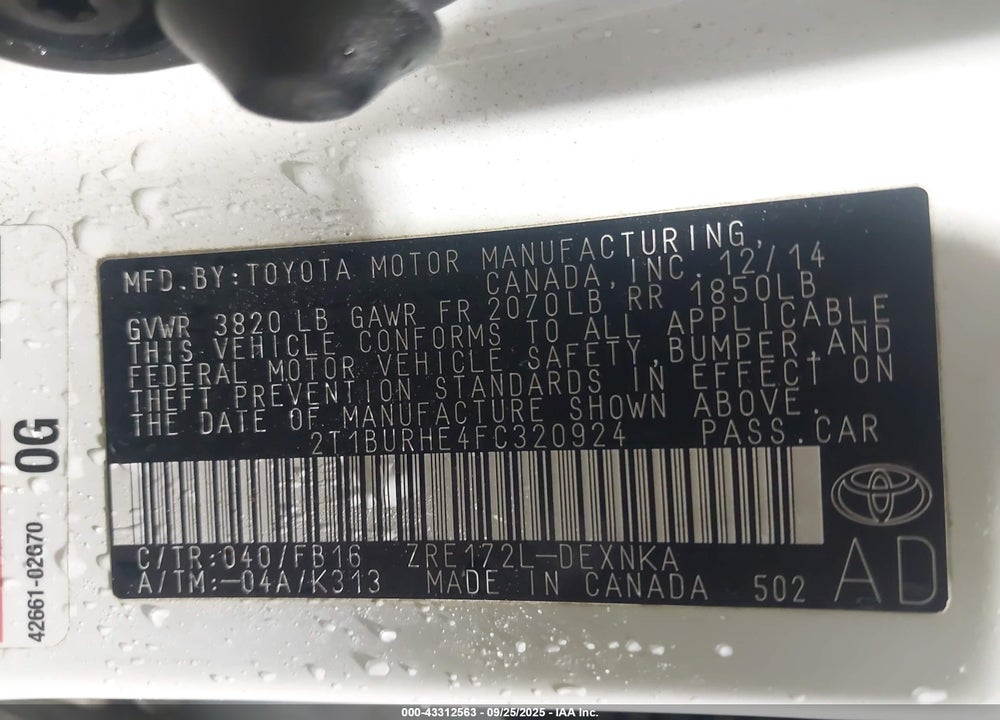 2015 TOYOTA COROLLA VIN: 2T1BURHE4FC320924