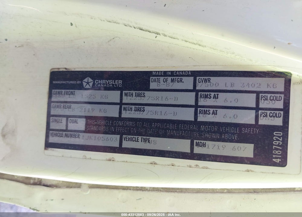 1988 DODGE RAM WAGON B350 BUS VIN: 2B5WB31Y1JK105603