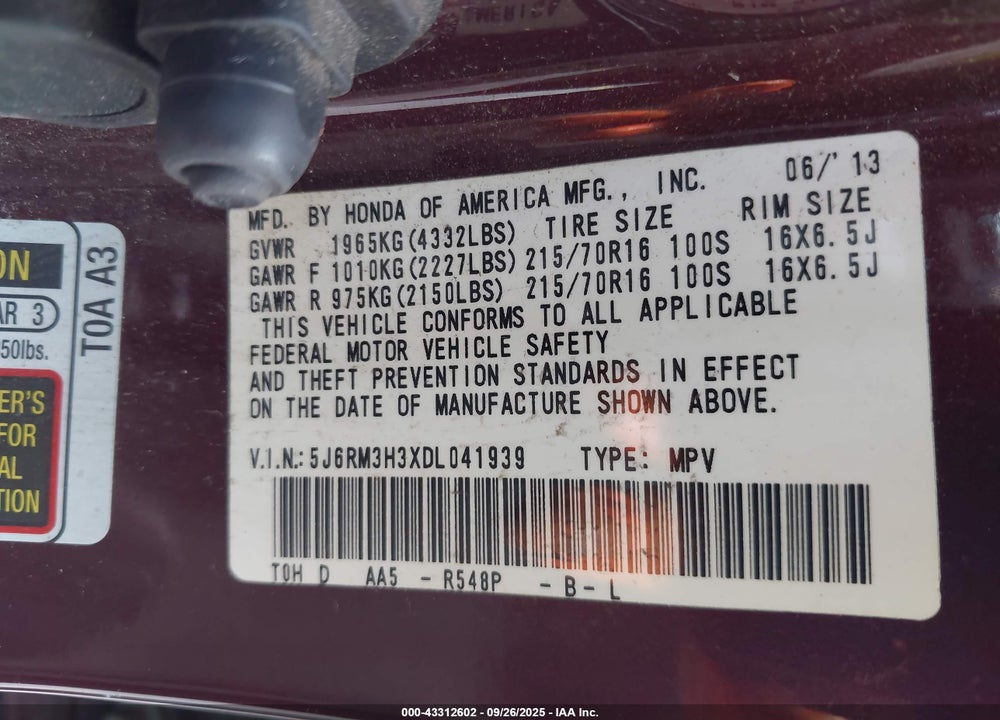 2013 HONDA CR-V LX VIN: 5J6RM3H3XDL041939